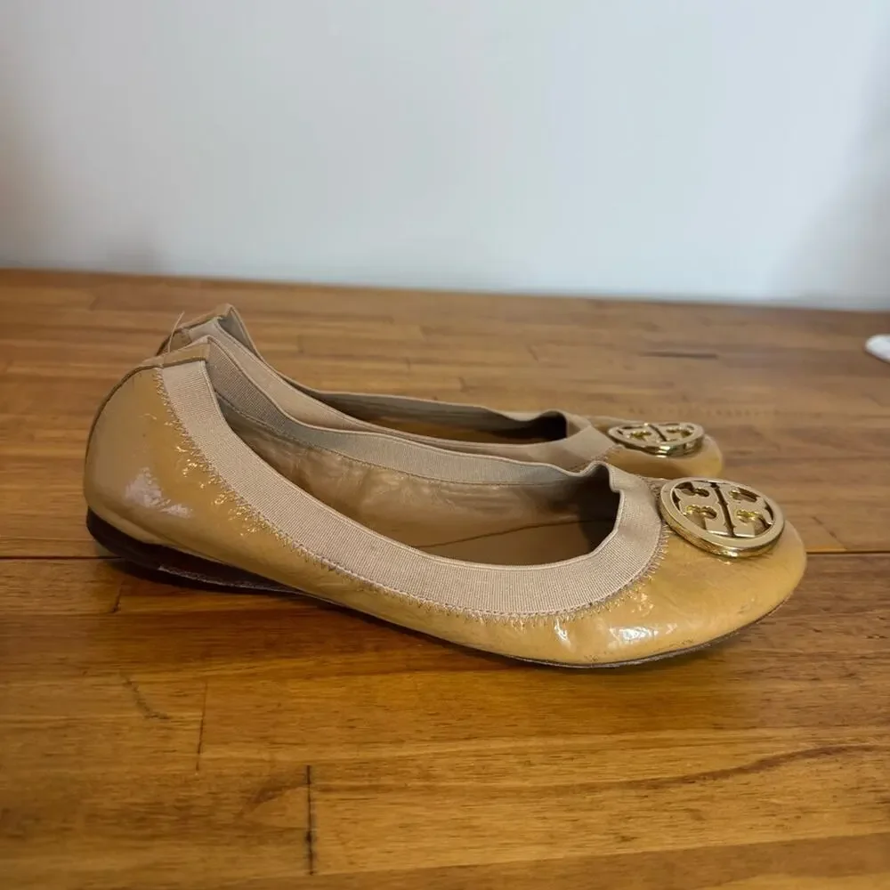 Tory Burch Tan Caroline Nude Ballet Leather Logo Flats Size 7.5